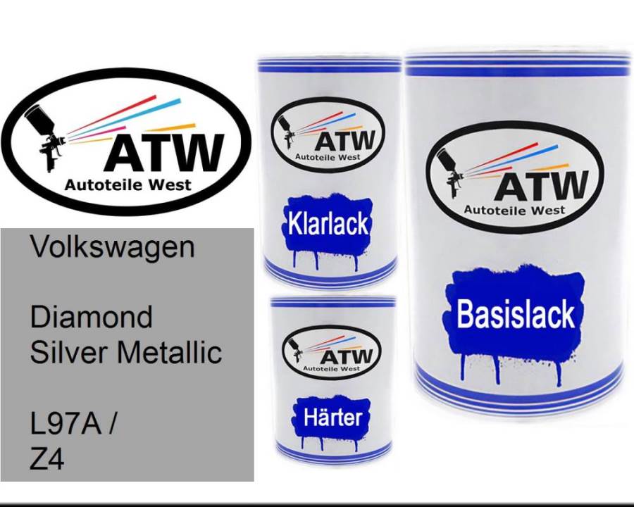 Volkswagen, Diamond Silver Metallic, L97A / Z4: 500ml Lackdose + 500ml Klarlack + 250ml Härter - Set, von ATW Autoteile West.